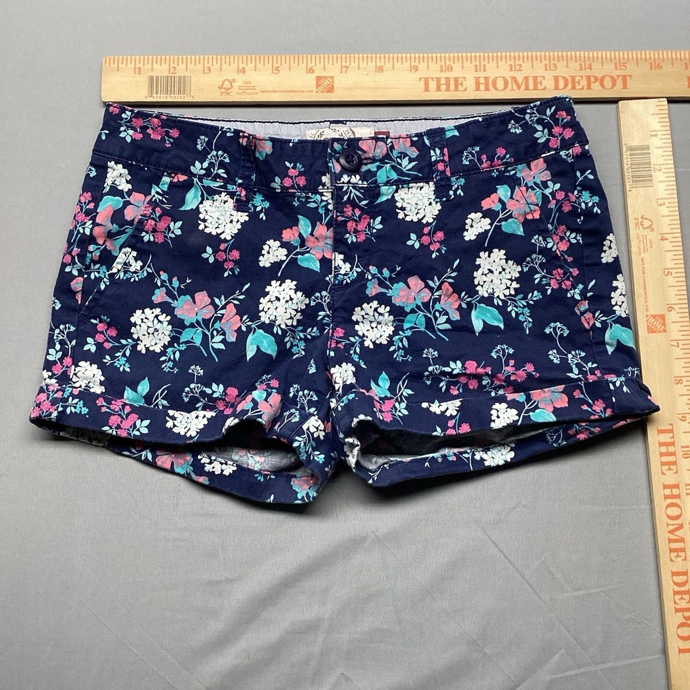 SO Authentic Heritage Floral Chino Shorts Navy Blue Pink Cuffed Juniors Size 1